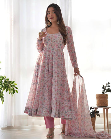 Impressive Pink Chiffon Floral Printed Casual Wear Anarkali Suit