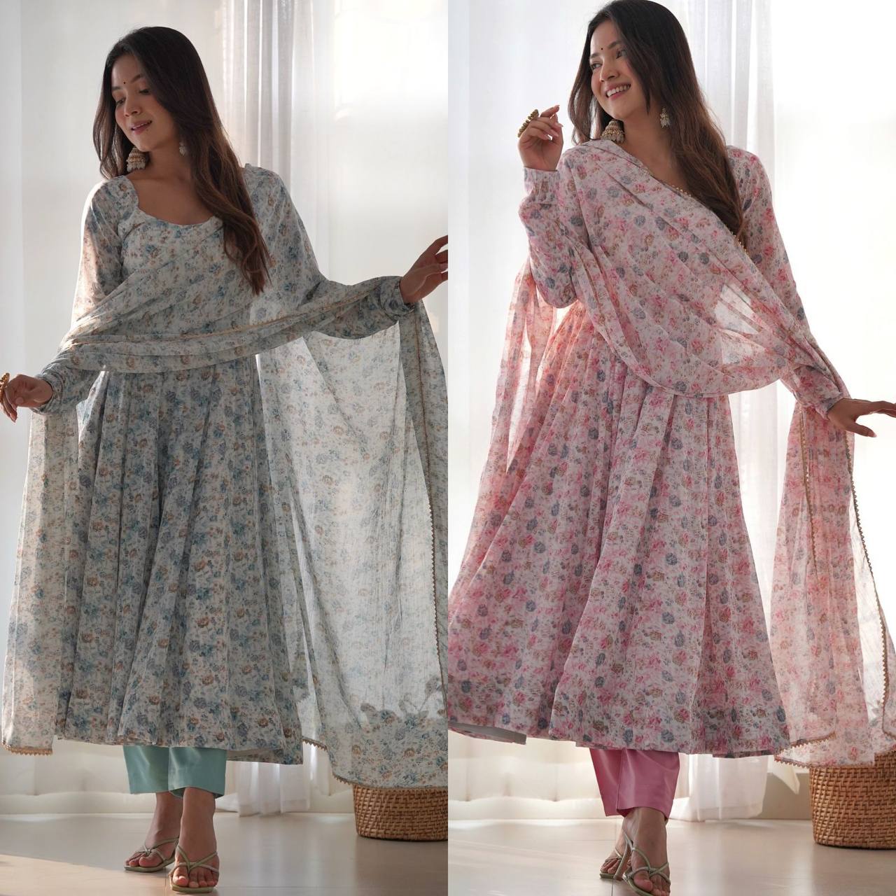 Impressive Pink Chiffon Floral Printed Casual Wear Anarkali Suit