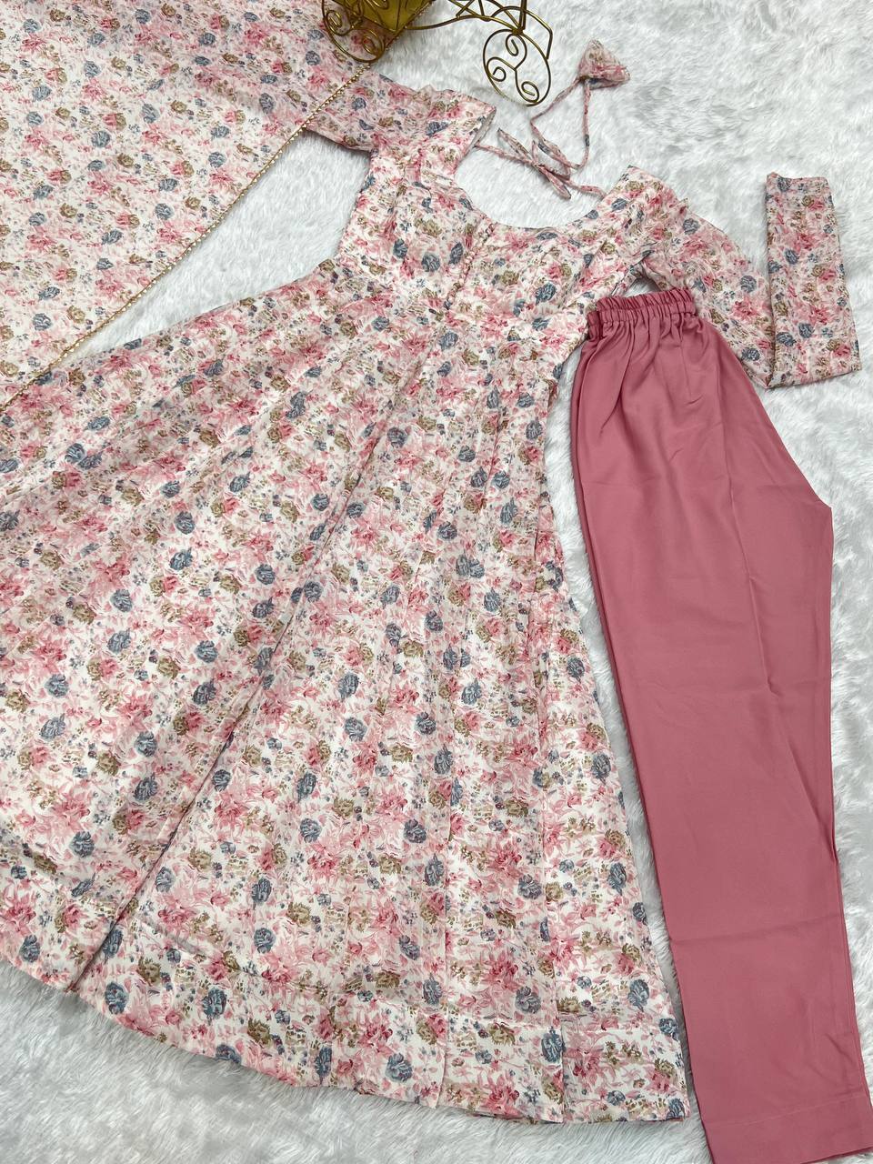 Impressive Pink Chiffon Floral Printed Casual Wear Anarkali Suit