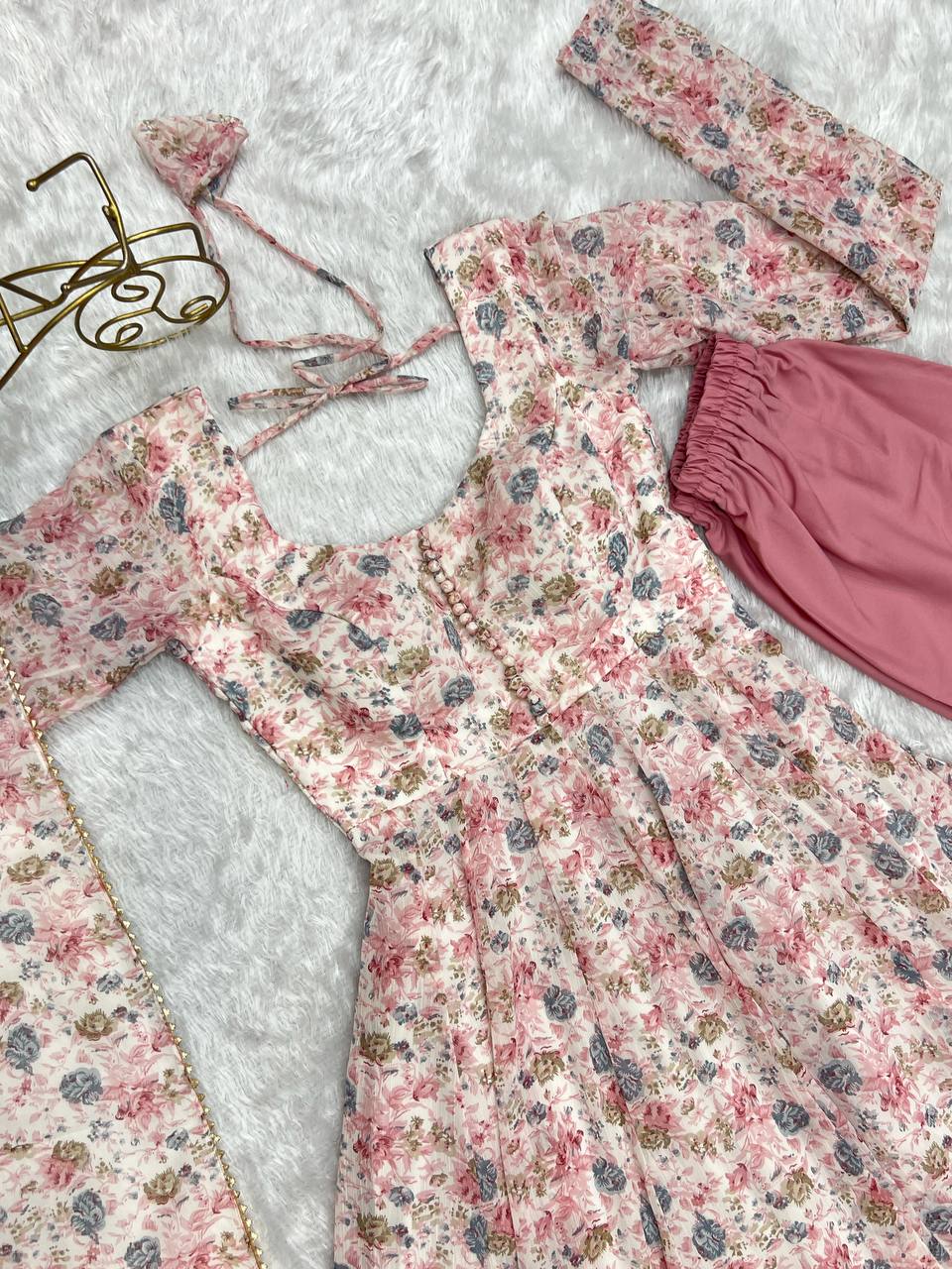 Impressive Pink Chiffon Floral Printed Casual Wear Anarkali Suit