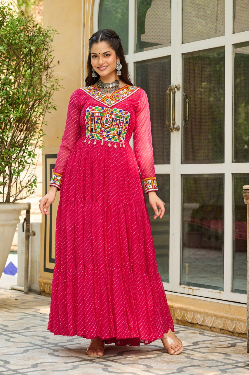 Royal Pink Leheriya Print Georgette Traditional Gown For Women