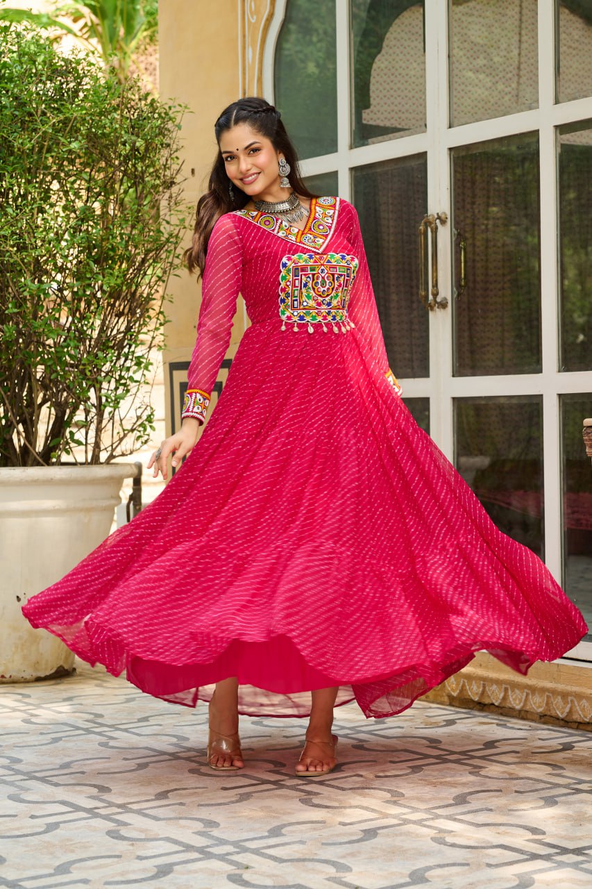 Royal Pink Leheriya Print Georgette Traditional Gown For Women