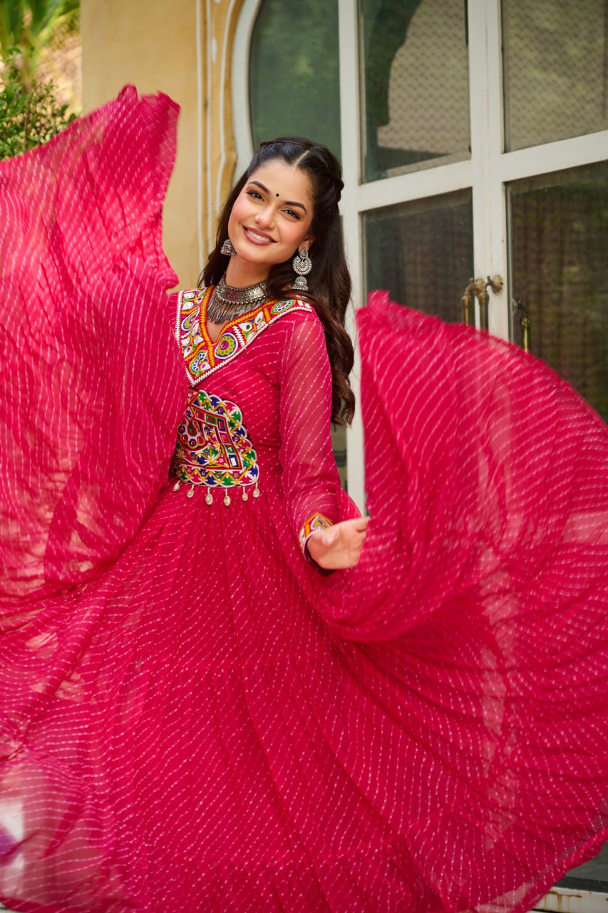 Royal Pink Leheriya Print Georgette Traditional Gown For Women