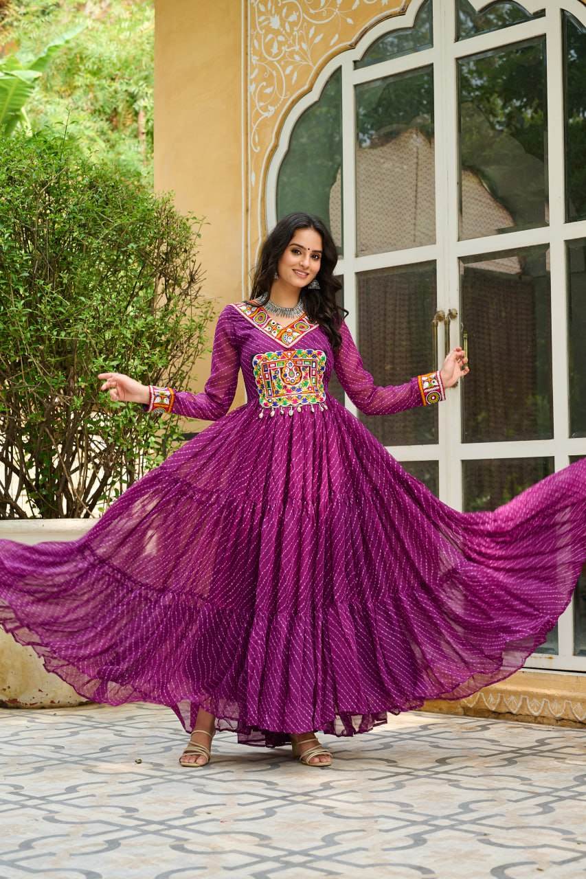 Royal Pink Leheriya Print Georgette Traditional Gown For Women