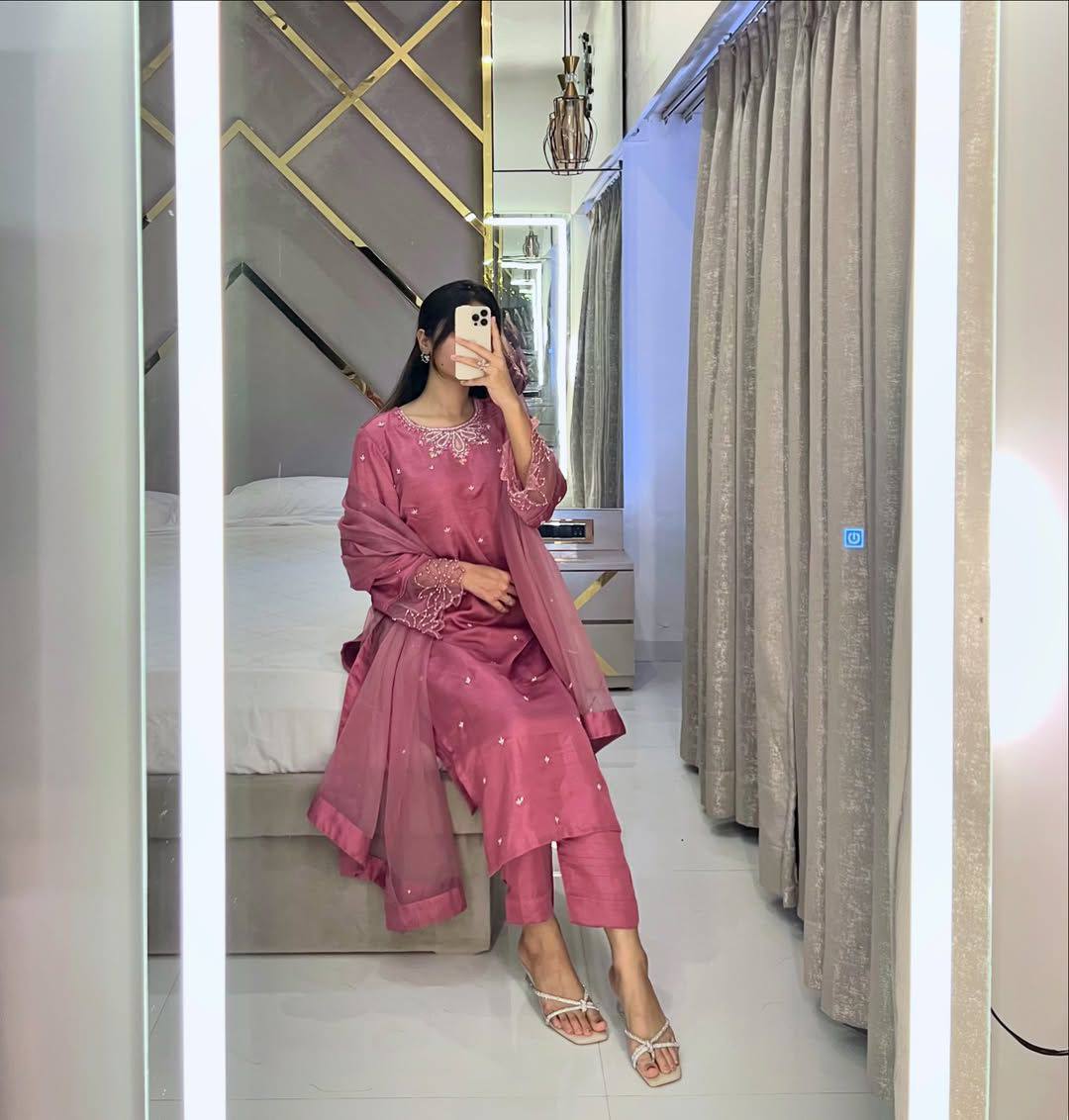 Rose Pink Silk Suit Set with Embellished Neckline & Organza Dupatta