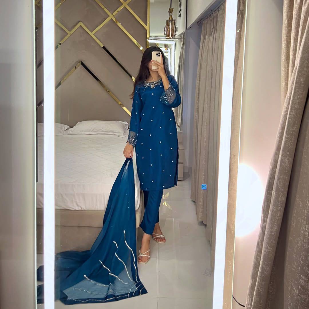 Rose Pink Silk Suit Set with Embellished Neckline & Organza Dupatta