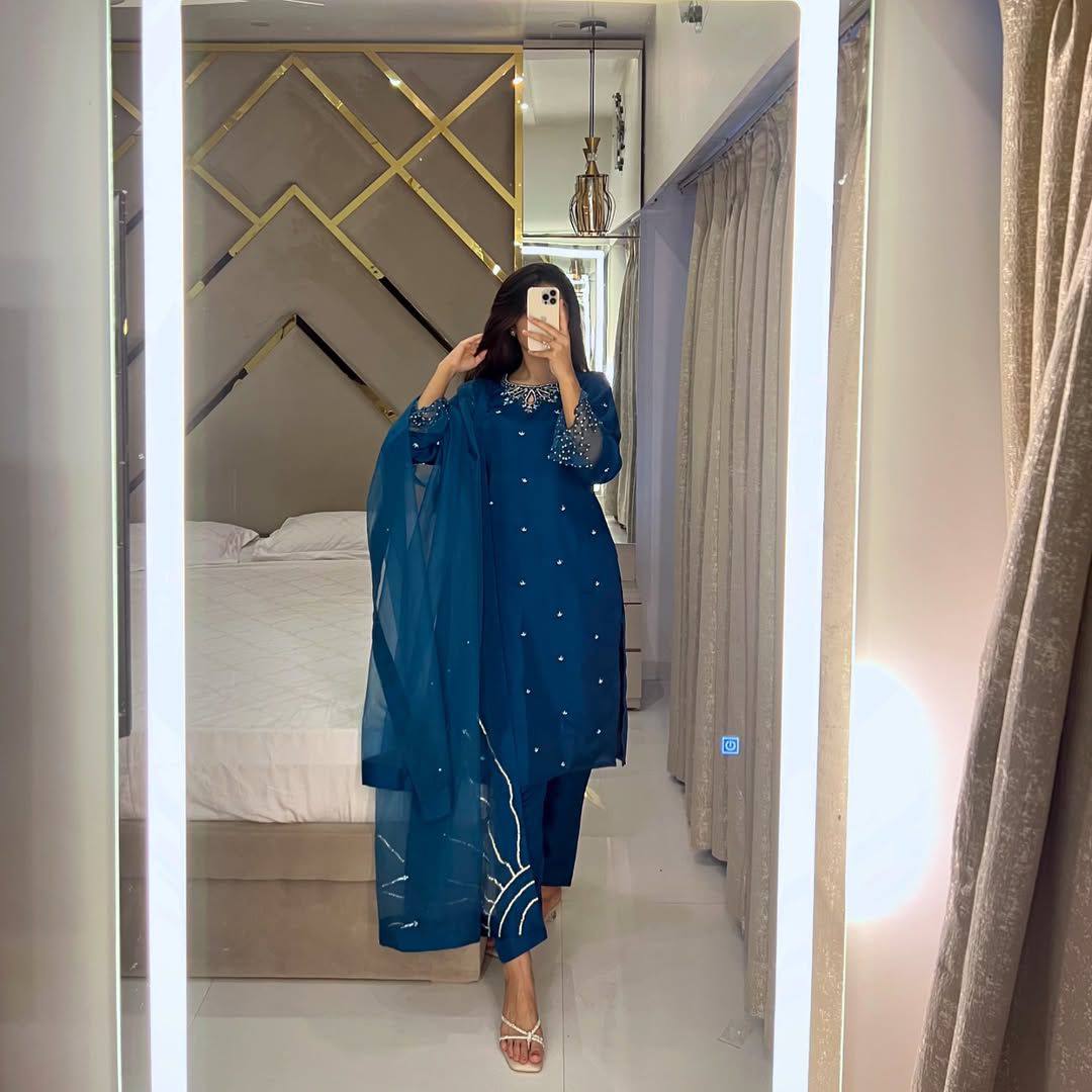 Rose Pink Silk Suit Set with Embellished Neckline & Organza Dupatta