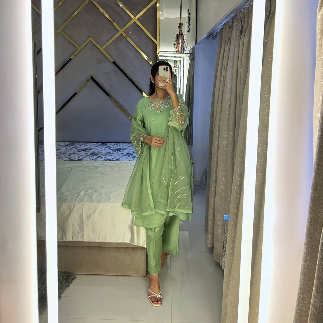 Rose Pink Silk Suit Set with Embellished Neckline & Organza Dupatta