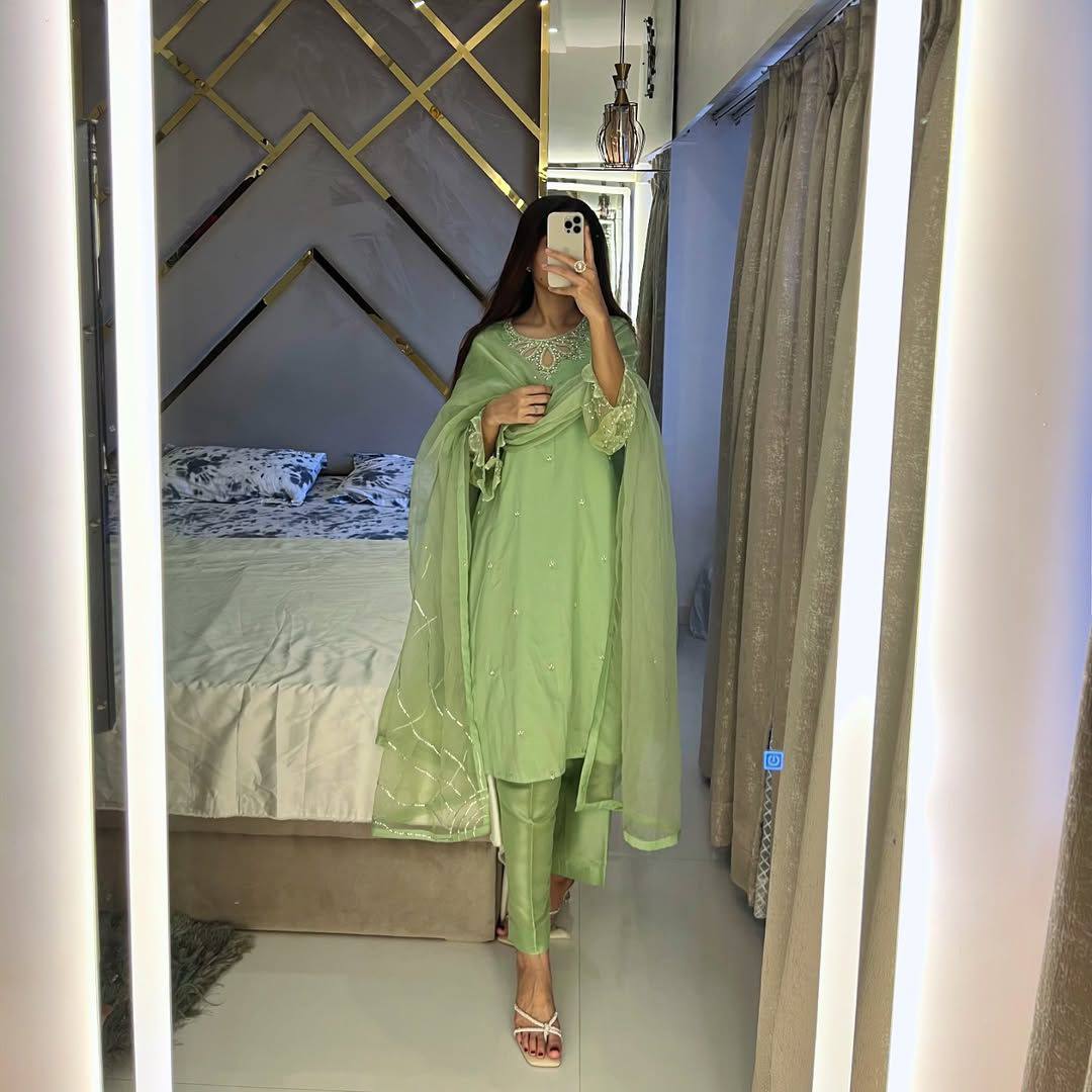 Rose Pink Silk Suit Set with Embellished Neckline & Organza Dupatta