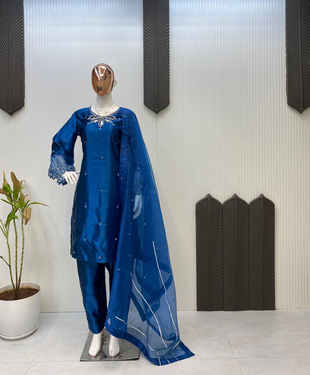 Rose Pink Silk Suit Set with Embellished Neckline & Organza Dupatta