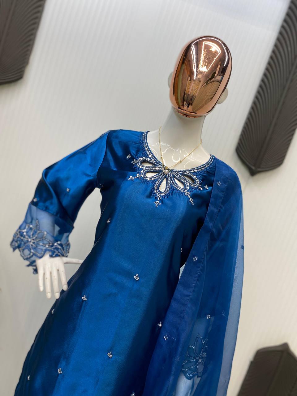 Rose Pink Silk Suit Set with Embellished Neckline & Organza Dupatta