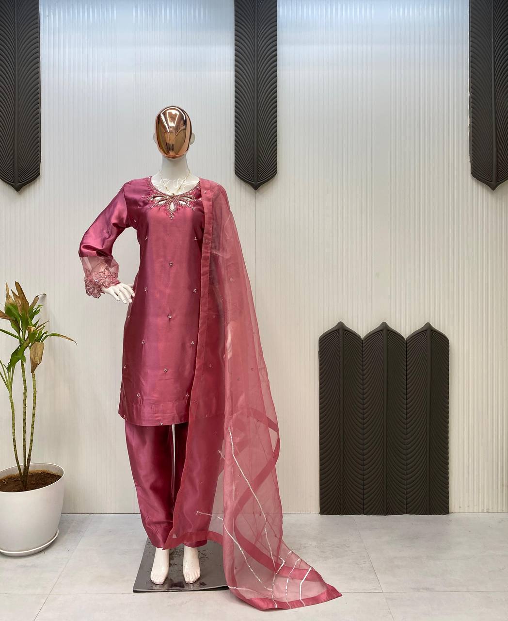 Rose Pink Silk Suit Set with Embellished Neckline & Organza Dupatta