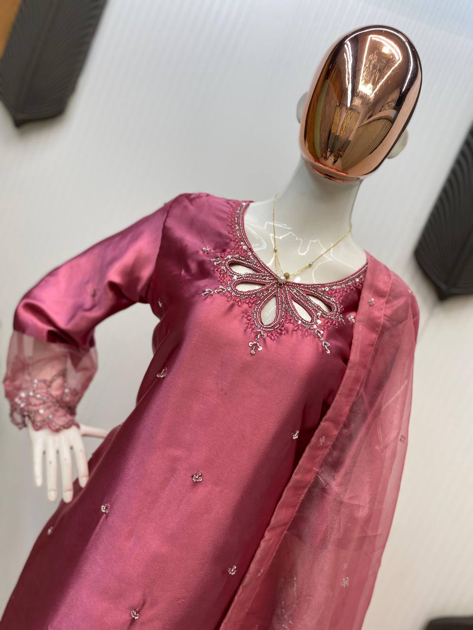 Rose Pink Silk Suit Set with Embellished Neckline & Organza Dupatta