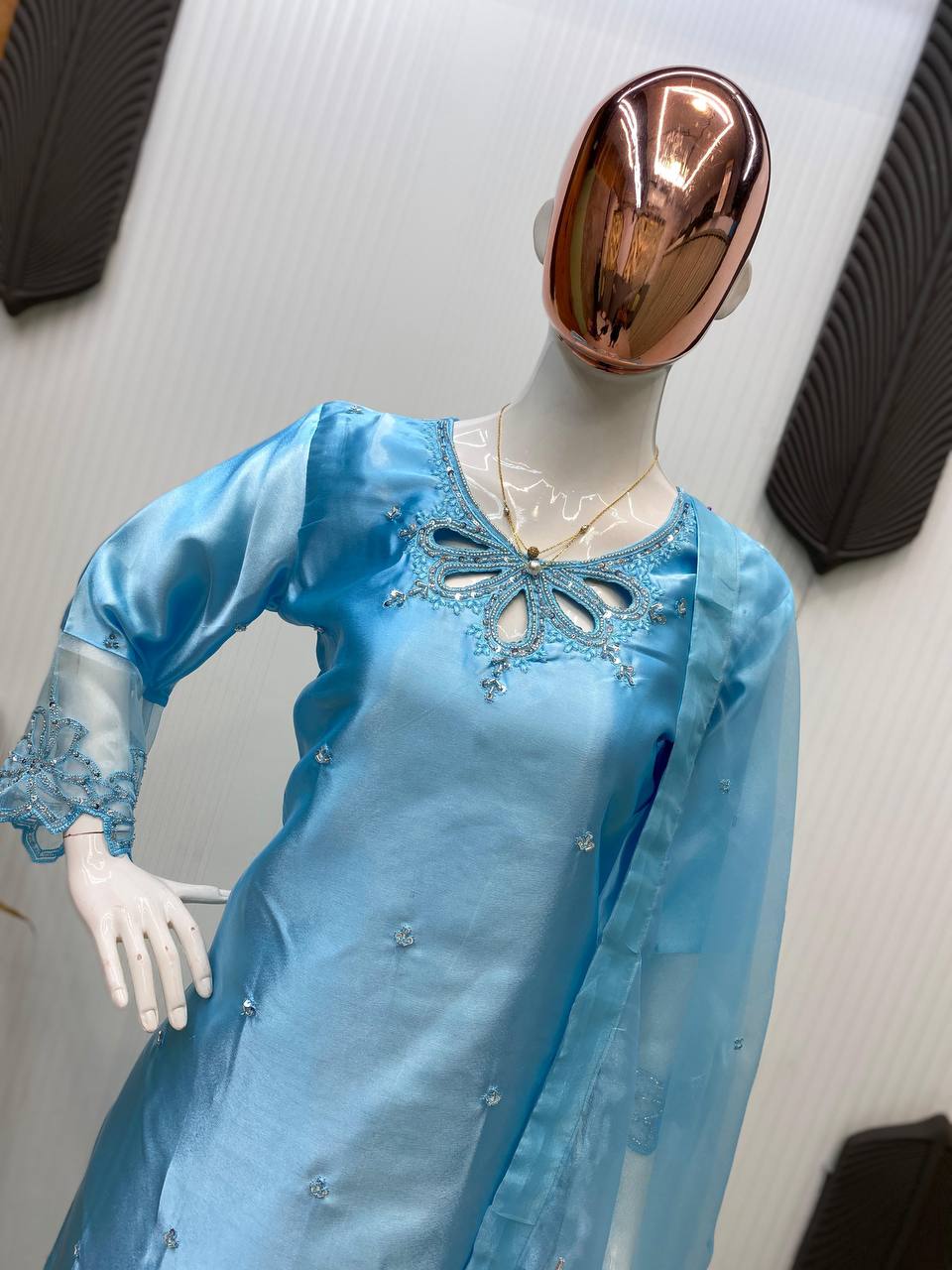 Rose Pink Silk Suit Set with Embellished Neckline & Organza Dupatta