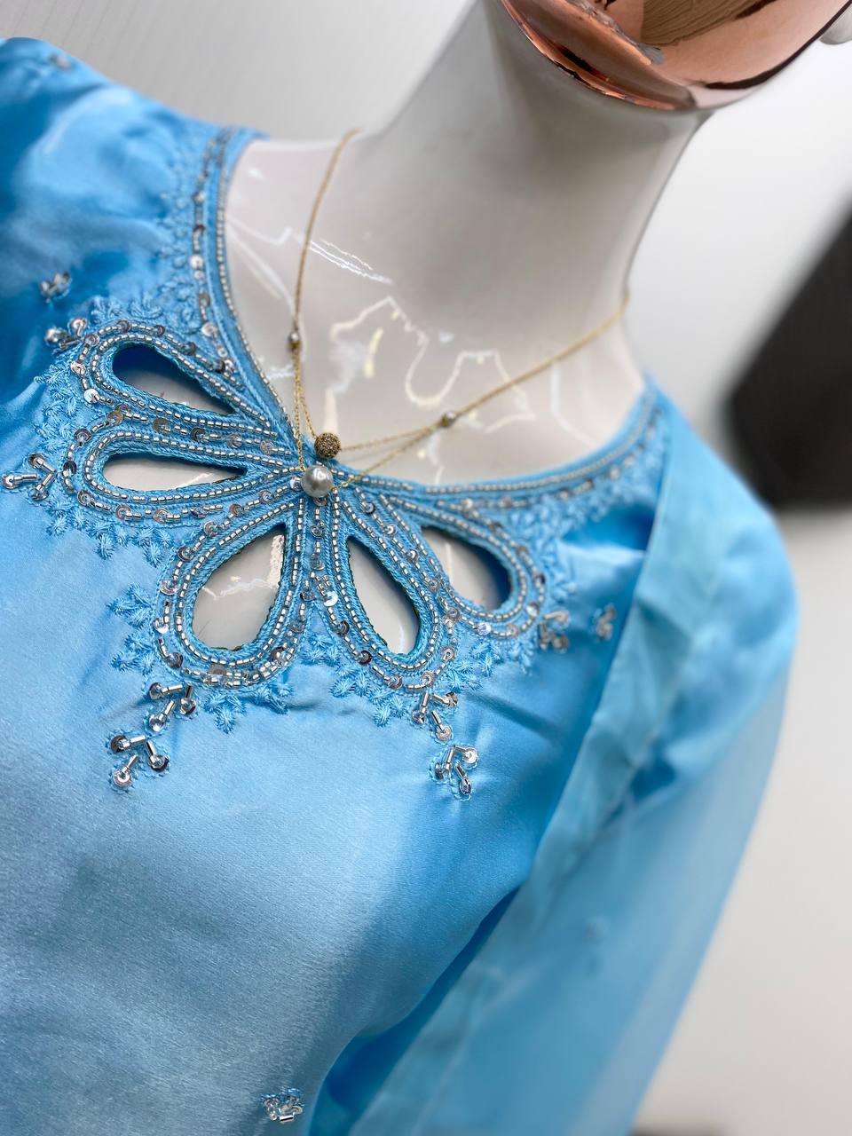 Rose Pink Silk Suit Set with Embellished Neckline & Organza Dupatta