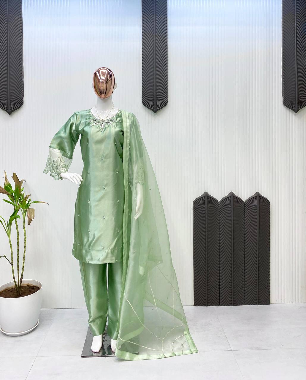 Rose Pink Silk Suit Set with Embellished Neckline & Organza Dupatta