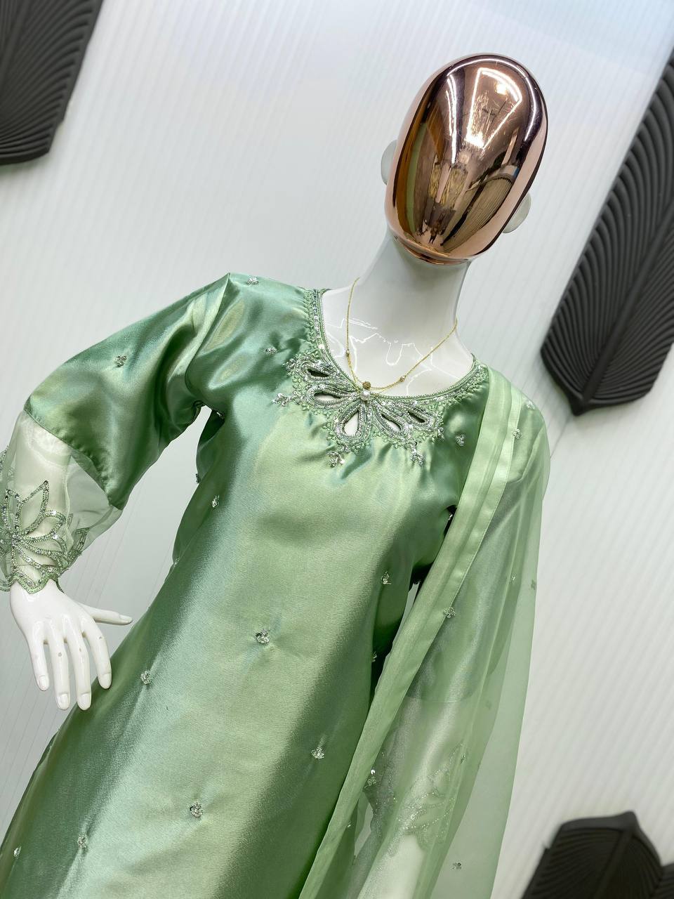 Rose Pink Silk Suit Set with Embellished Neckline & Organza Dupatta