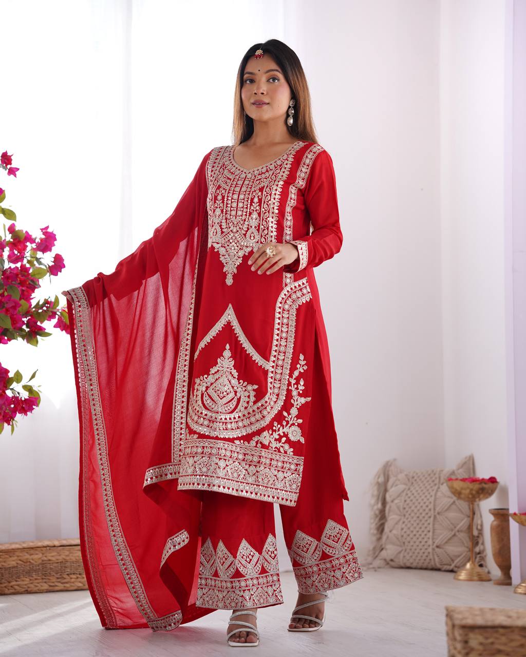 Fancy Dori Work Red Silk Wedding Palazzo Suit With Dupatta