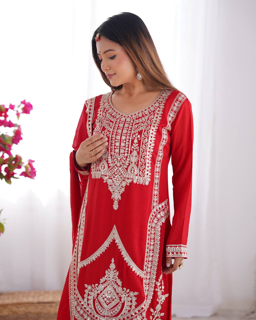 Fancy Dori Work Red Silk Wedding Palazzo Suit With Dupatta