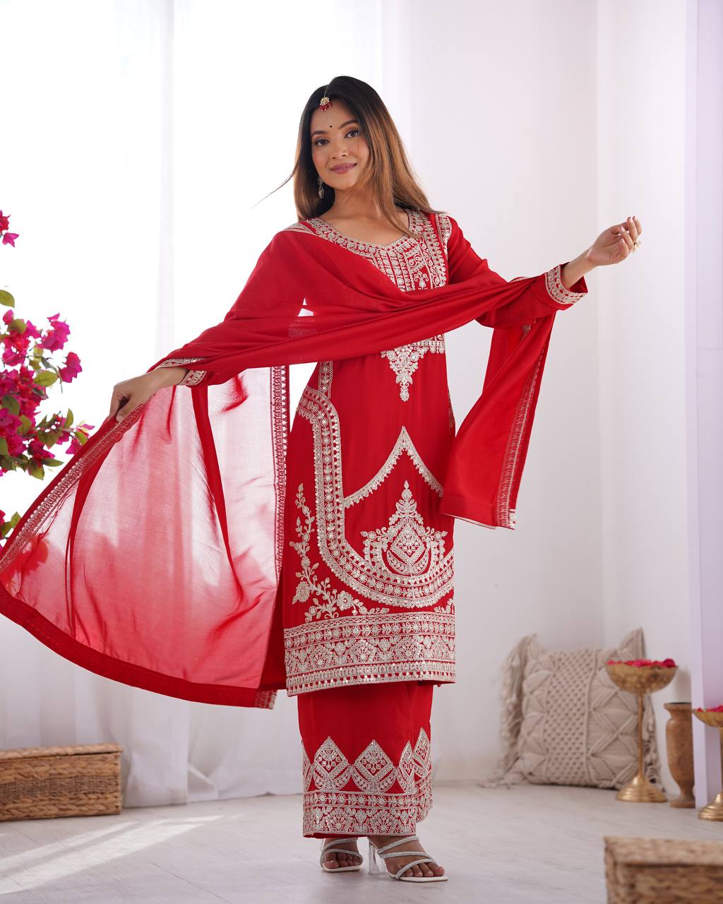 Fancy Dori Work Red Silk Wedding Palazzo Suit With Dupatta
