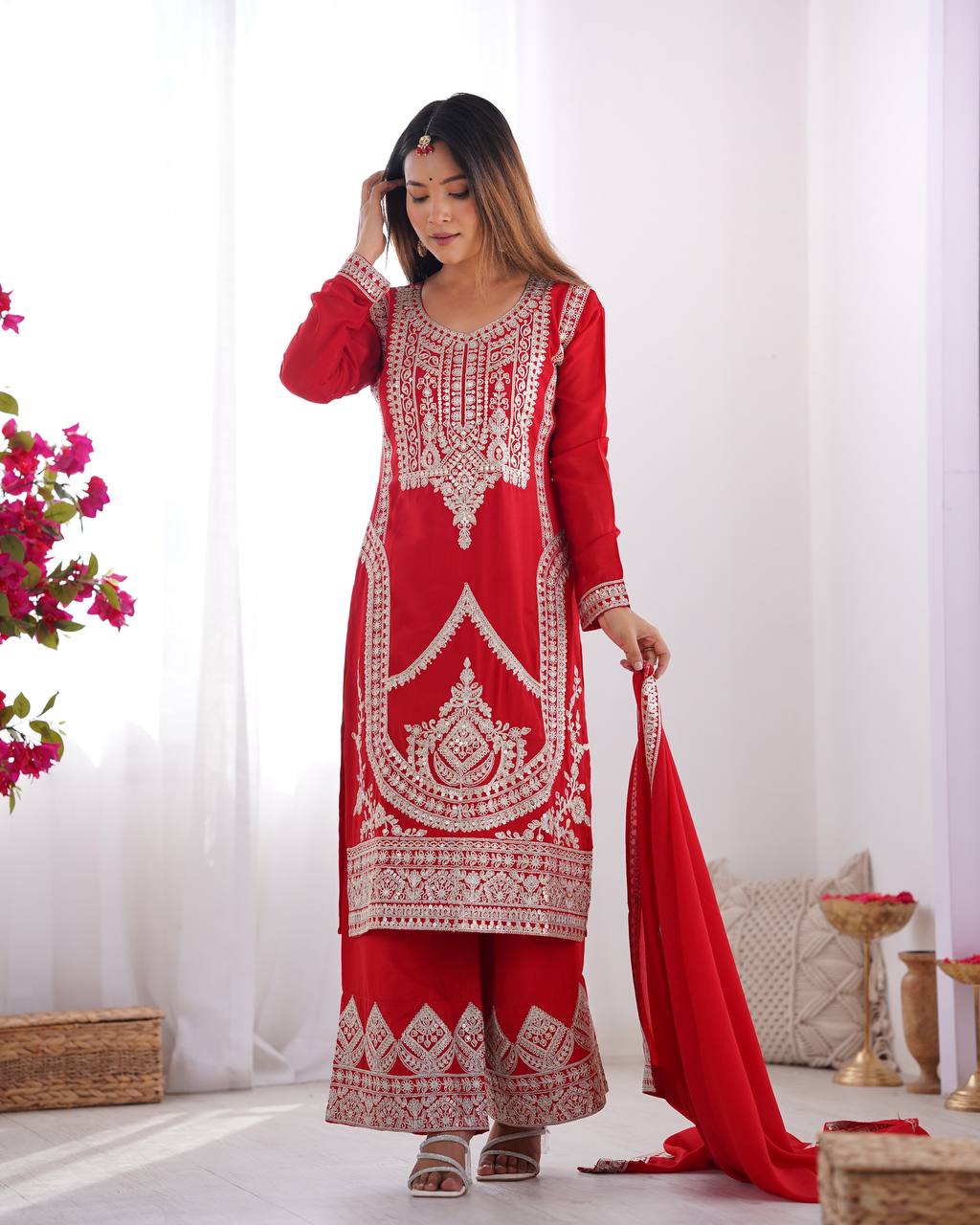 Fancy Dori Work Red Silk Wedding Palazzo Suit With Dupatta