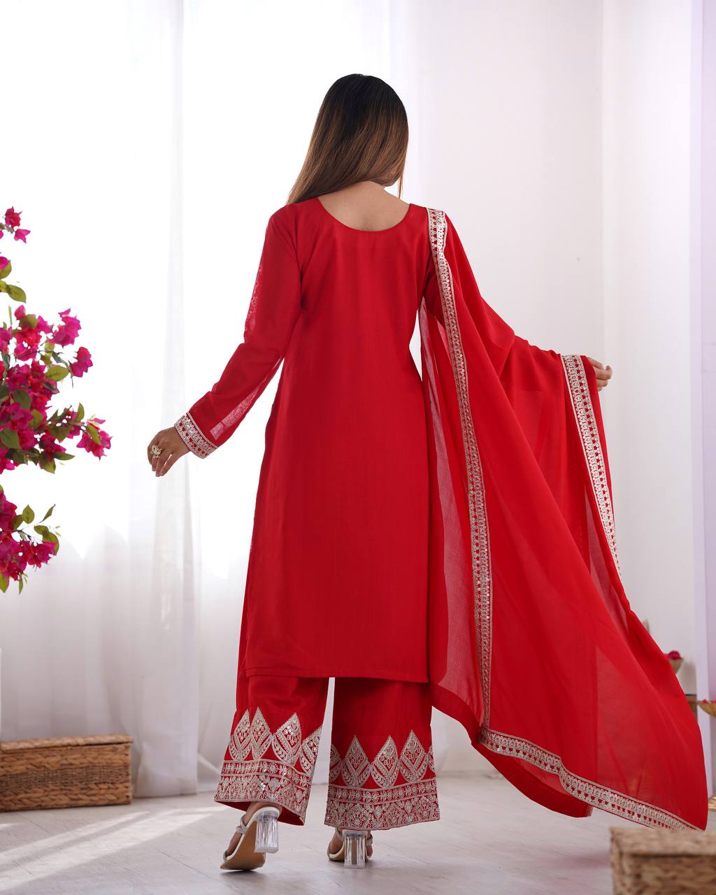 Fancy Dori Work Red Silk Wedding Palazzo Suit With Dupatta