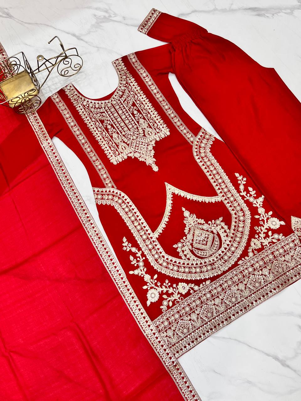 Fancy Dori Work Red Silk Wedding Palazzo Suit With Dupatta
