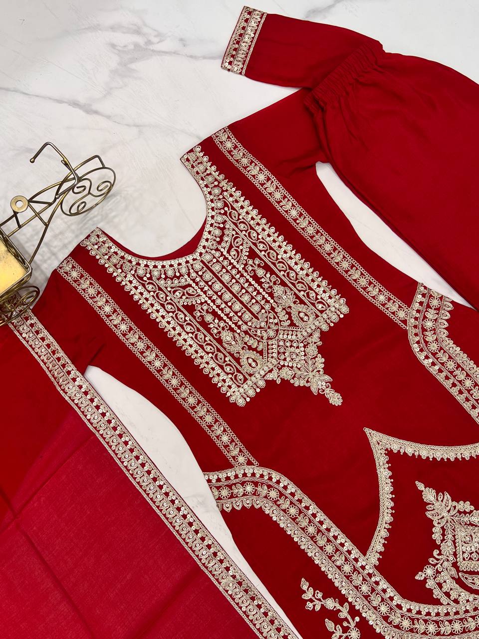 Fancy Dori Work Red Silk Wedding Palazzo Suit With Dupatta