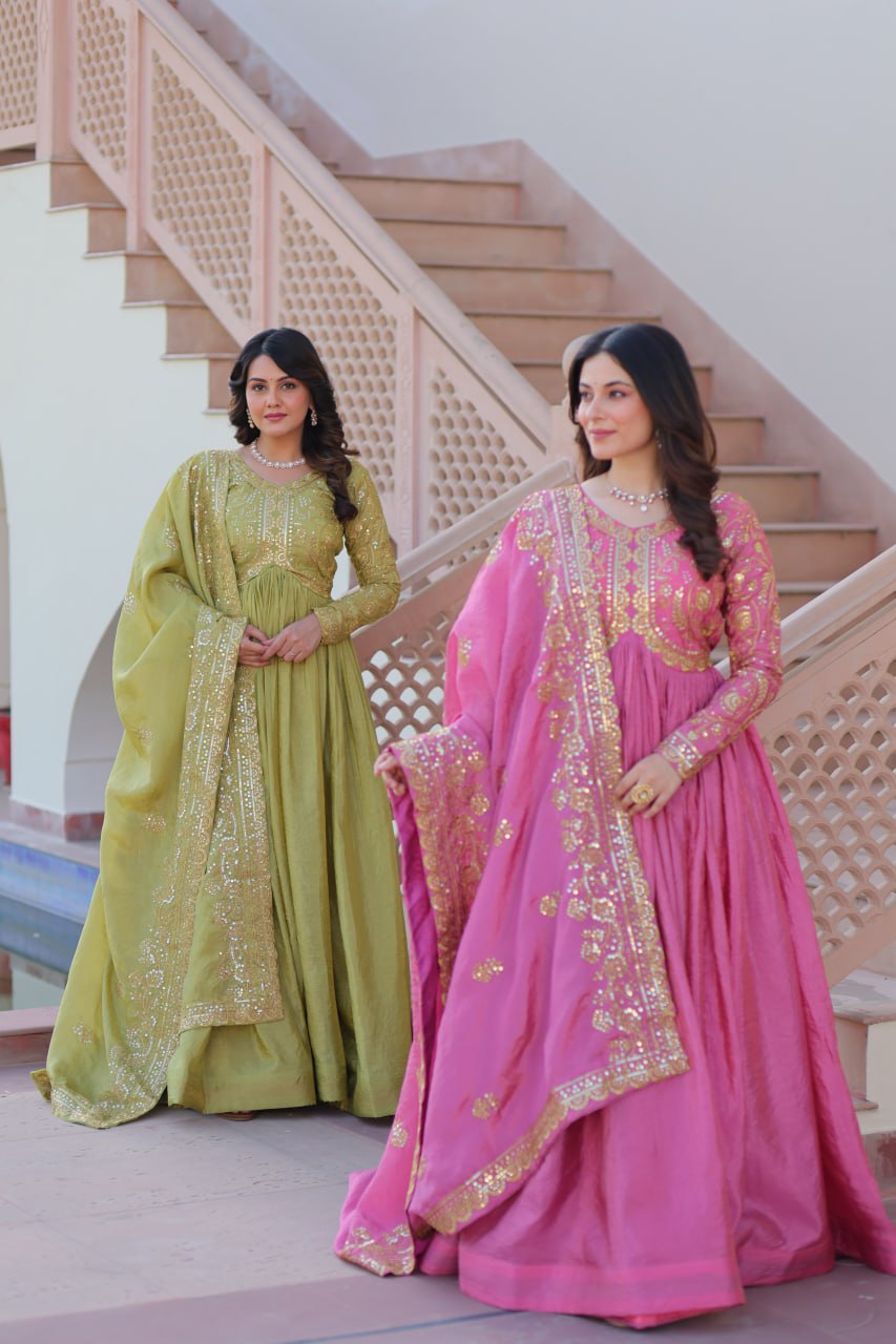 Mesmerizing Pink Sequins Wedding Wear Gown With Dupatta