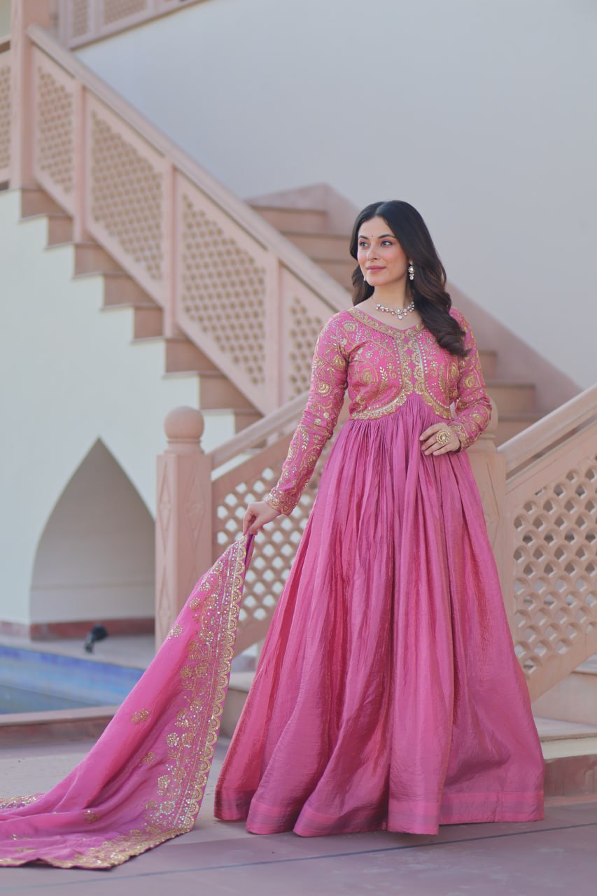 Mesmerizing Pink Sequins Wedding Wear Gown With Dupatta
