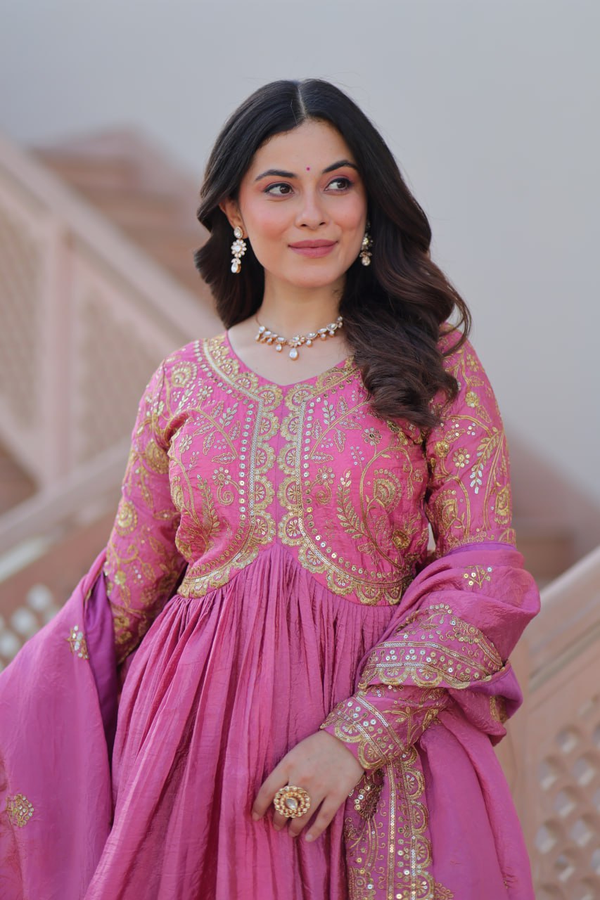 Mesmerizing Pink Sequins Wedding Wear Gown With Dupatta