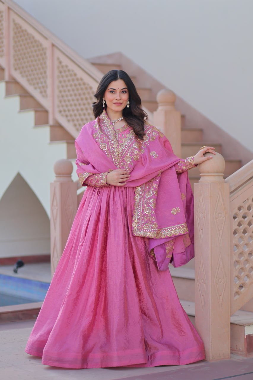 Mesmerizing Pink Sequins Wedding Wear Gown With Dupatta