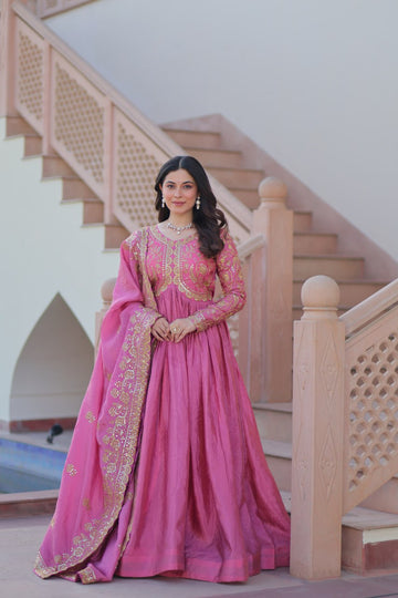 Mesmerizing Pink Sequins Wedding Wear Gown With Dupatta