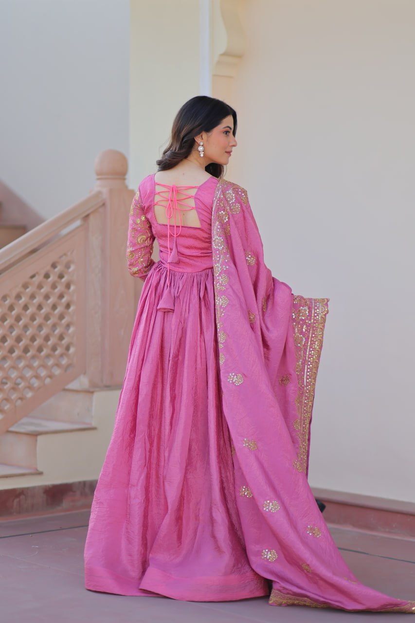 Mesmerizing Pink Sequins Wedding Wear Gown With Dupatta