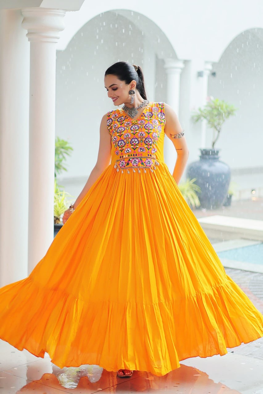 Pretty Maroon Rayon Mirror Work Navratri Special Gown For Women