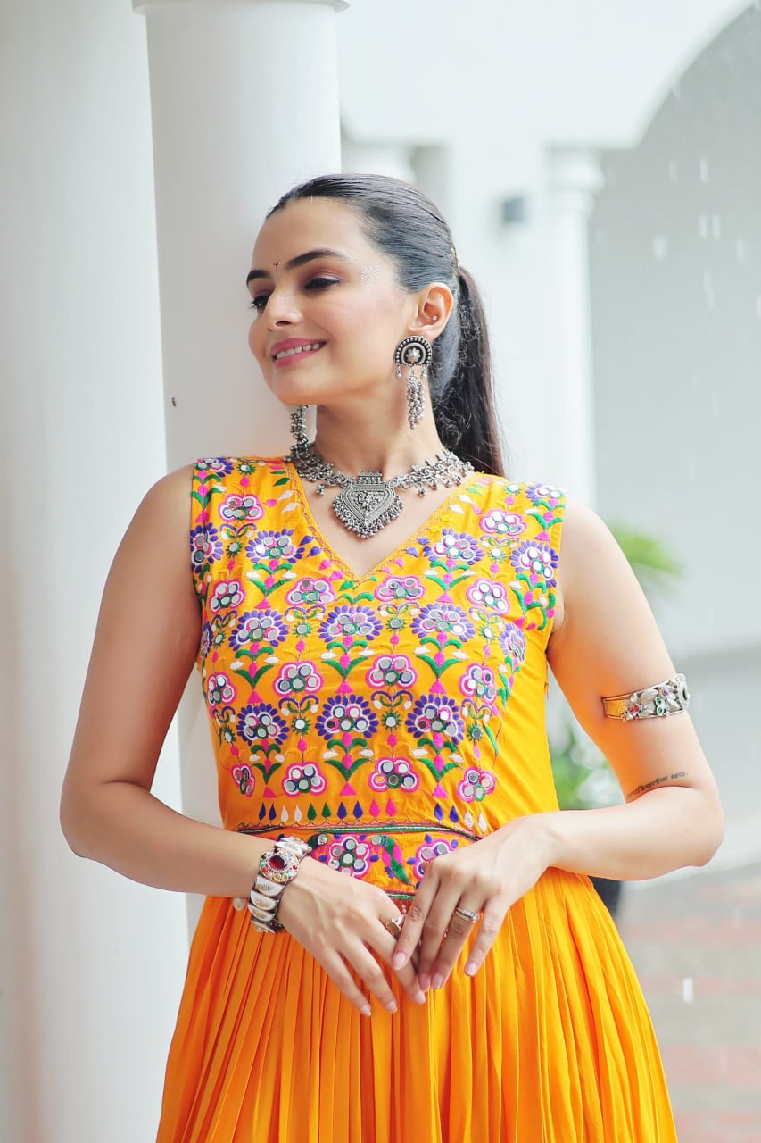 Pretty Maroon Rayon Mirror Work Navratri Special Gown For Women