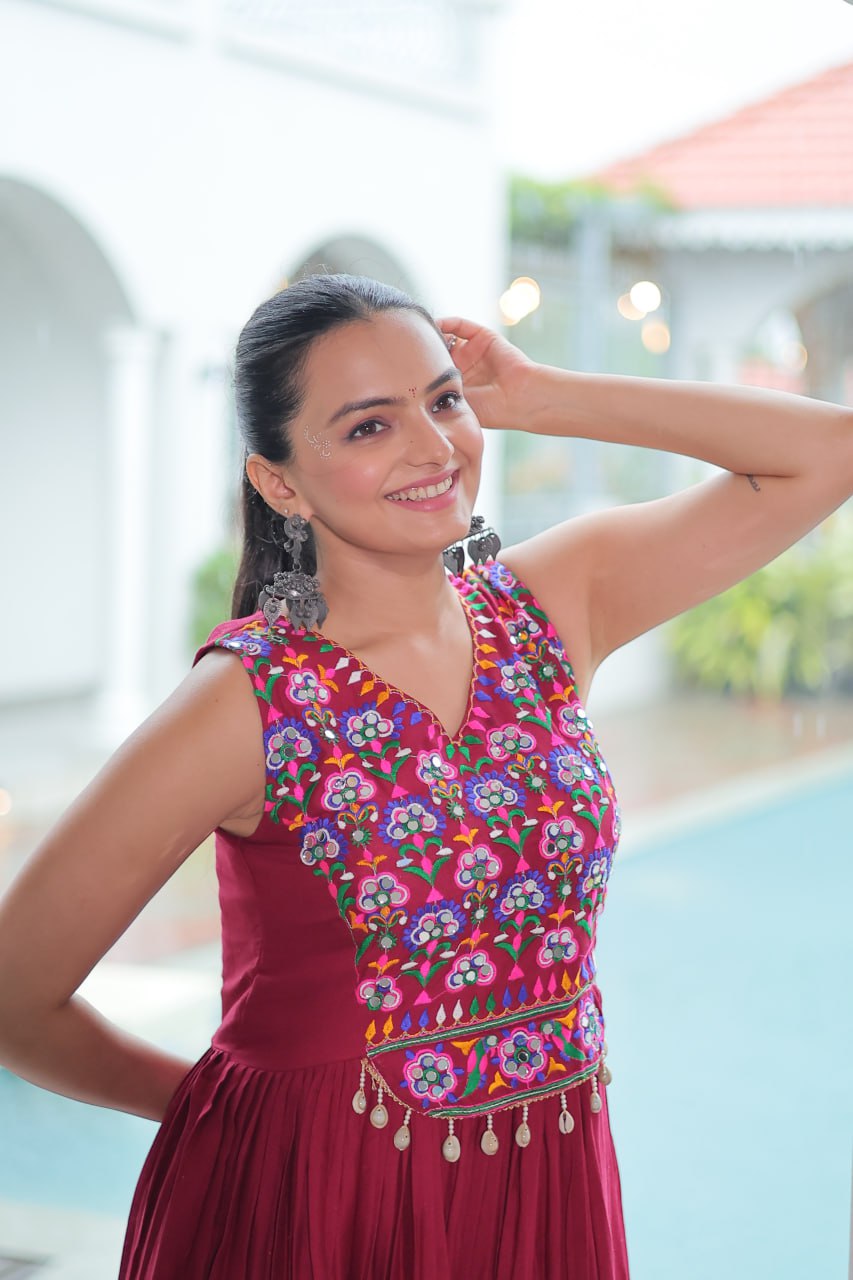 Pretty Maroon Rayon Mirror Work Navratri Special Gown For Women