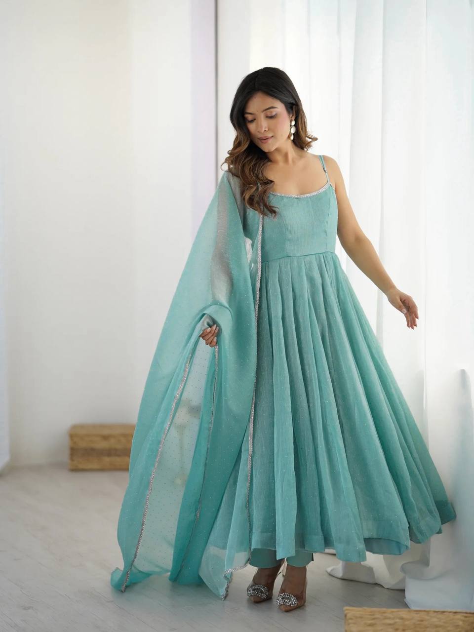 Fancy Sky Blue Silk Swarovski Work Traditional Anarkali Suit For Women