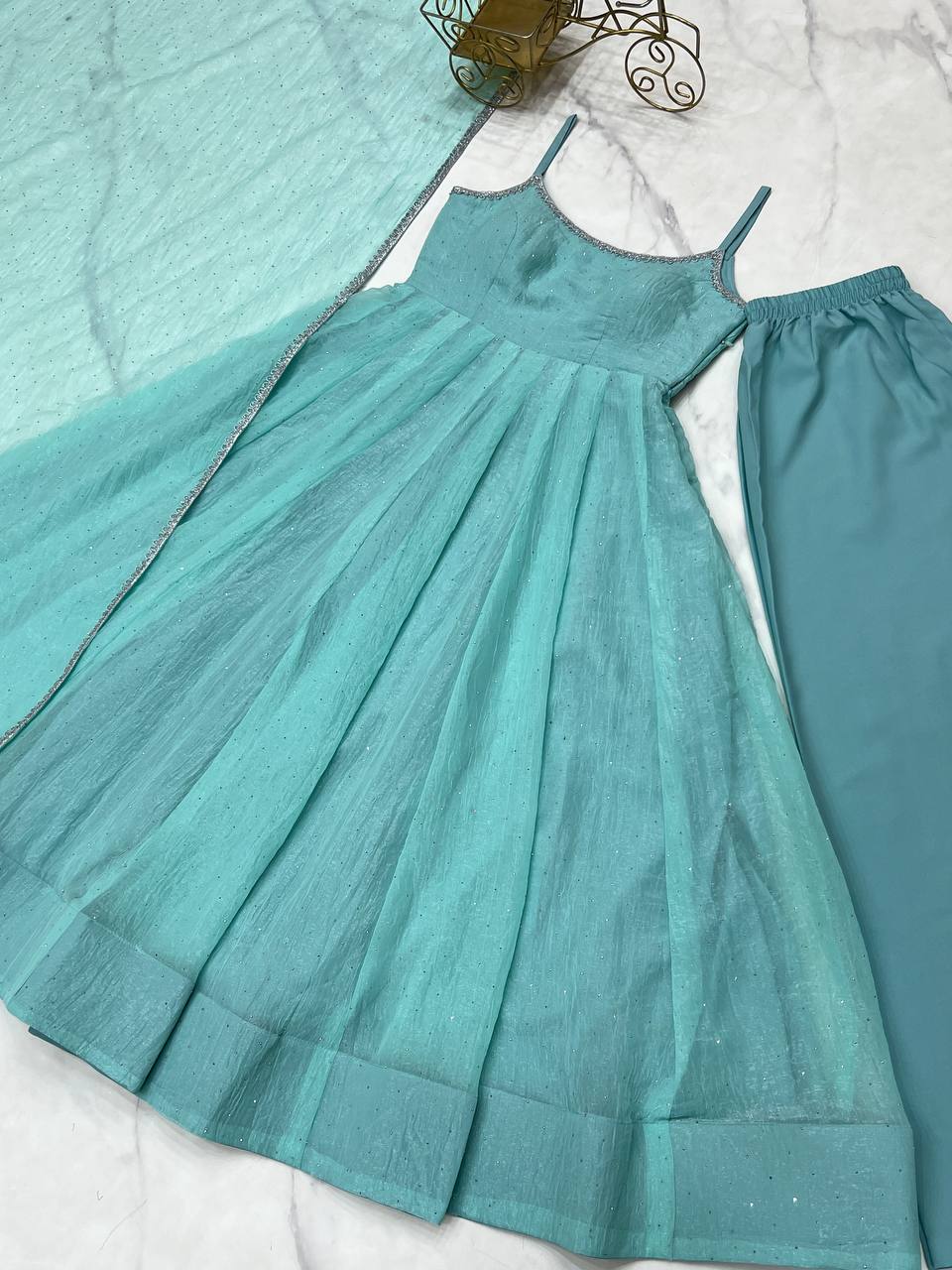 Fancy Sky Blue Silk Swarovski Work Traditional Anarkali Suit For Women