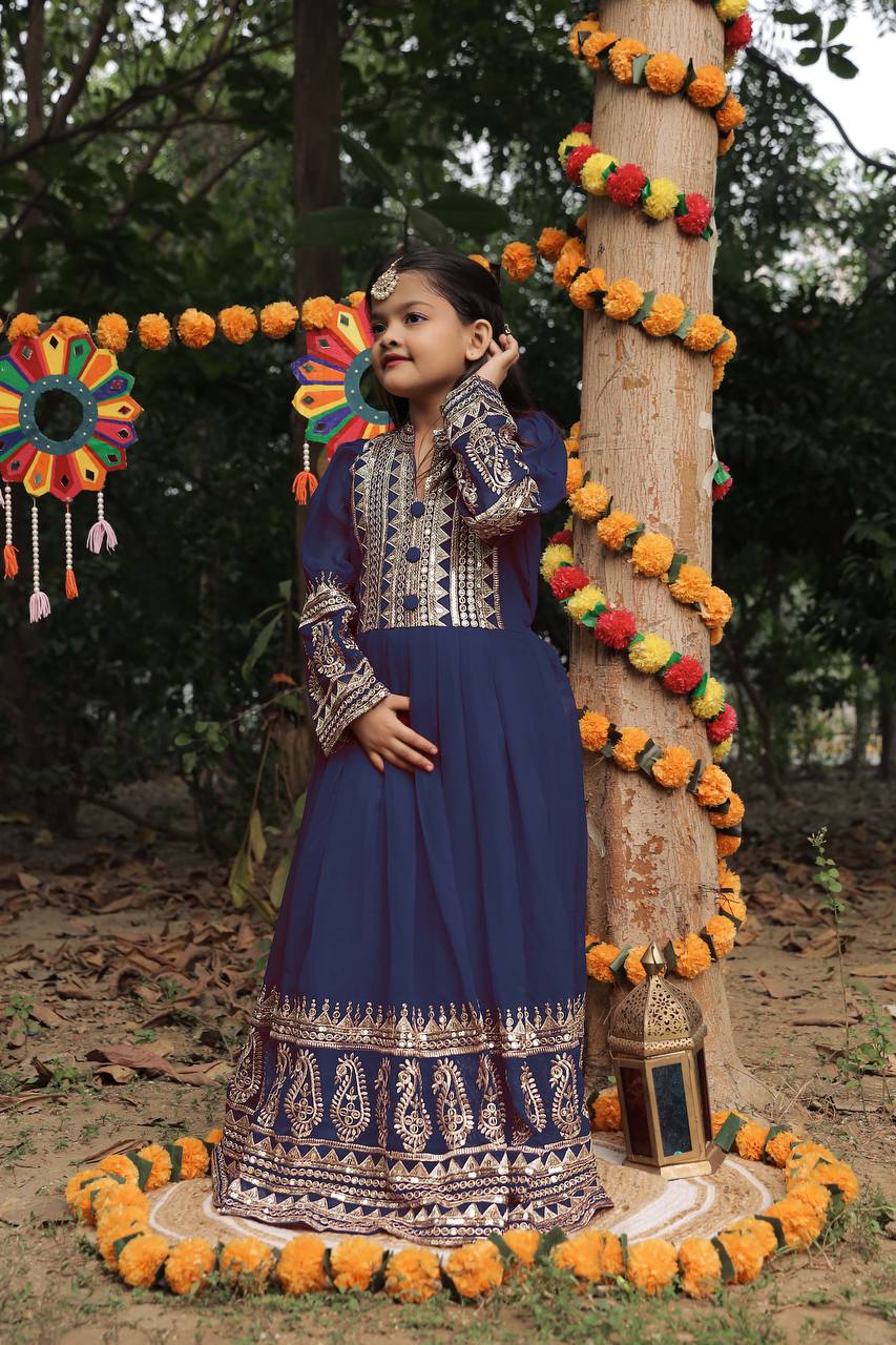 Heavy Designer Embroidery Siqunce Work Gown For Kids