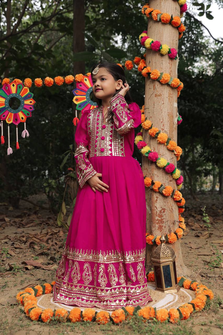 Heavy Designer Embroidery Siqunce Work Gown For Kids
