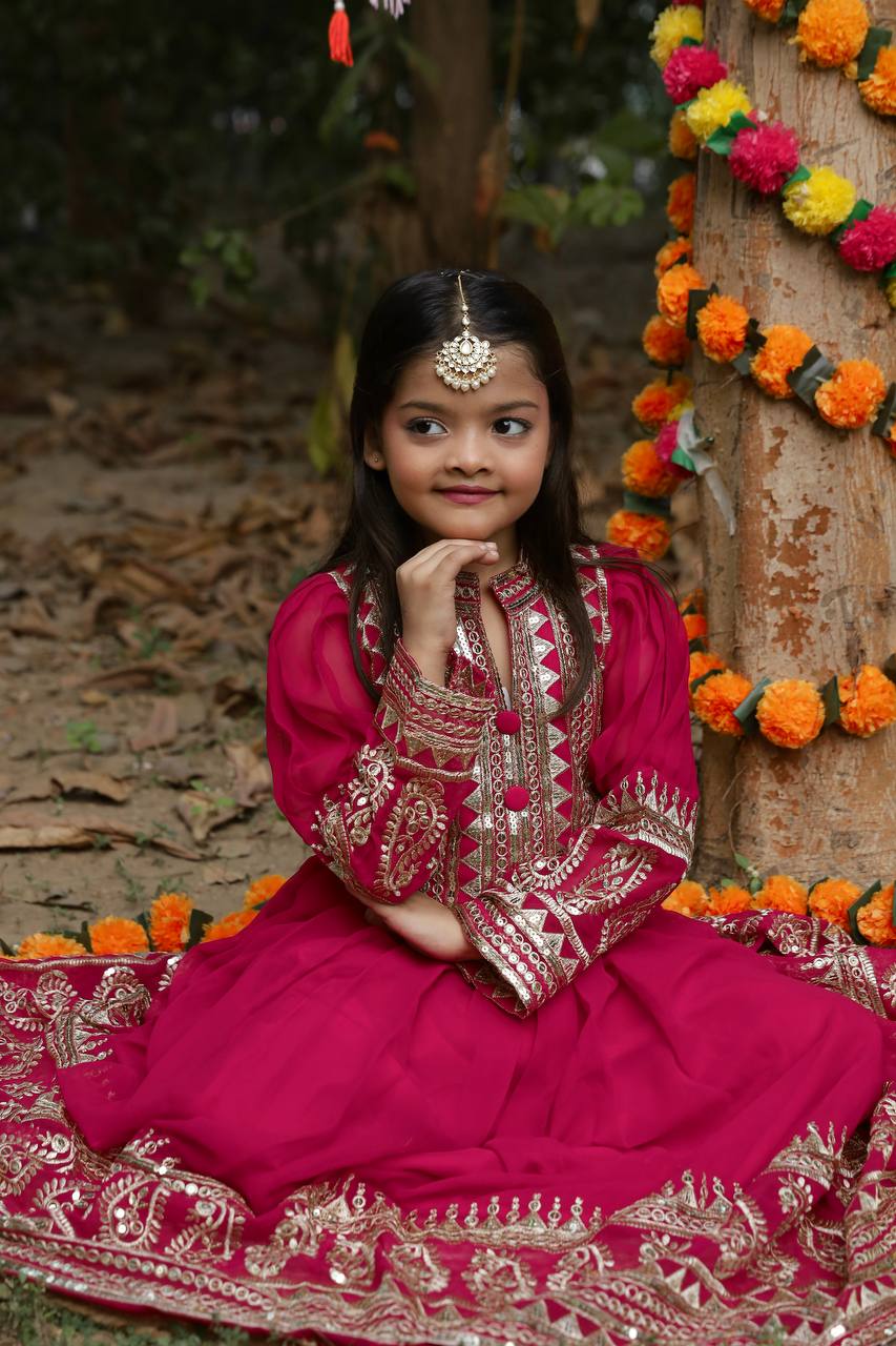 Heavy Designer Embroidery Siqunce Work Gown For Kids