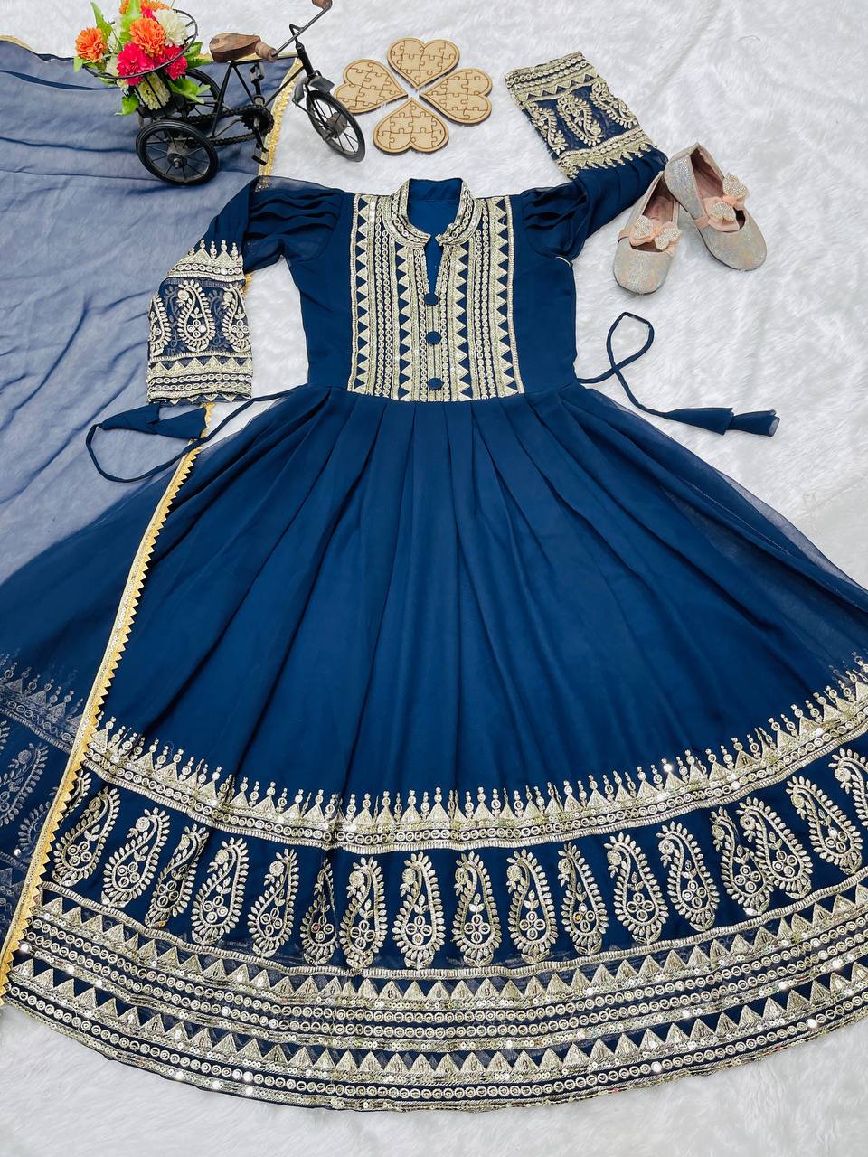 Heavy Designer Embroidery Siqunce Work Gown For Kids