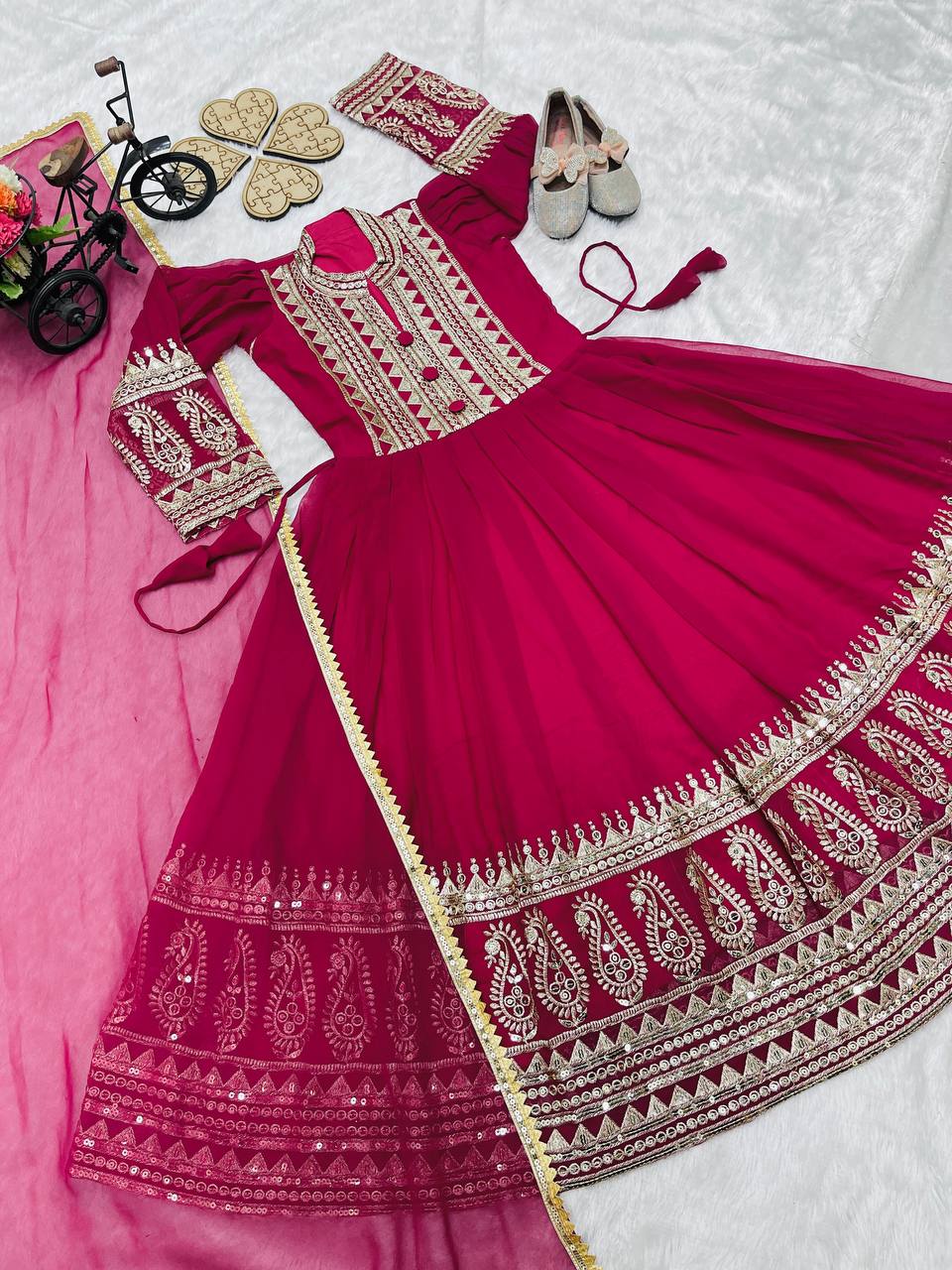 Heavy Designer Embroidery Siqunce Work Gown For Kids