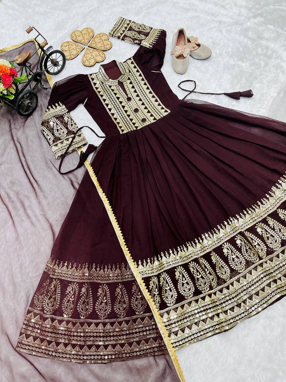 Heavy Designer Embroidery Siqunce Work Gown For Kids