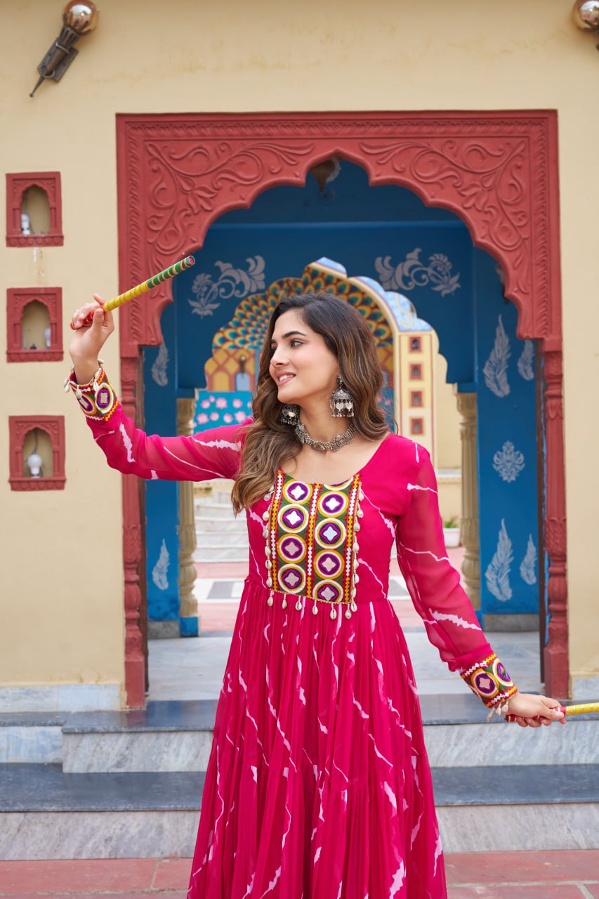 Adorning Pink Georgette Kutchi Work Festival Wear Gown