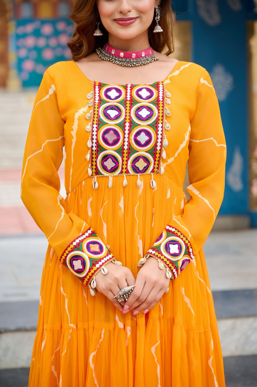 Adorning Pink Georgette Kutchi Work Festival Wear Gown