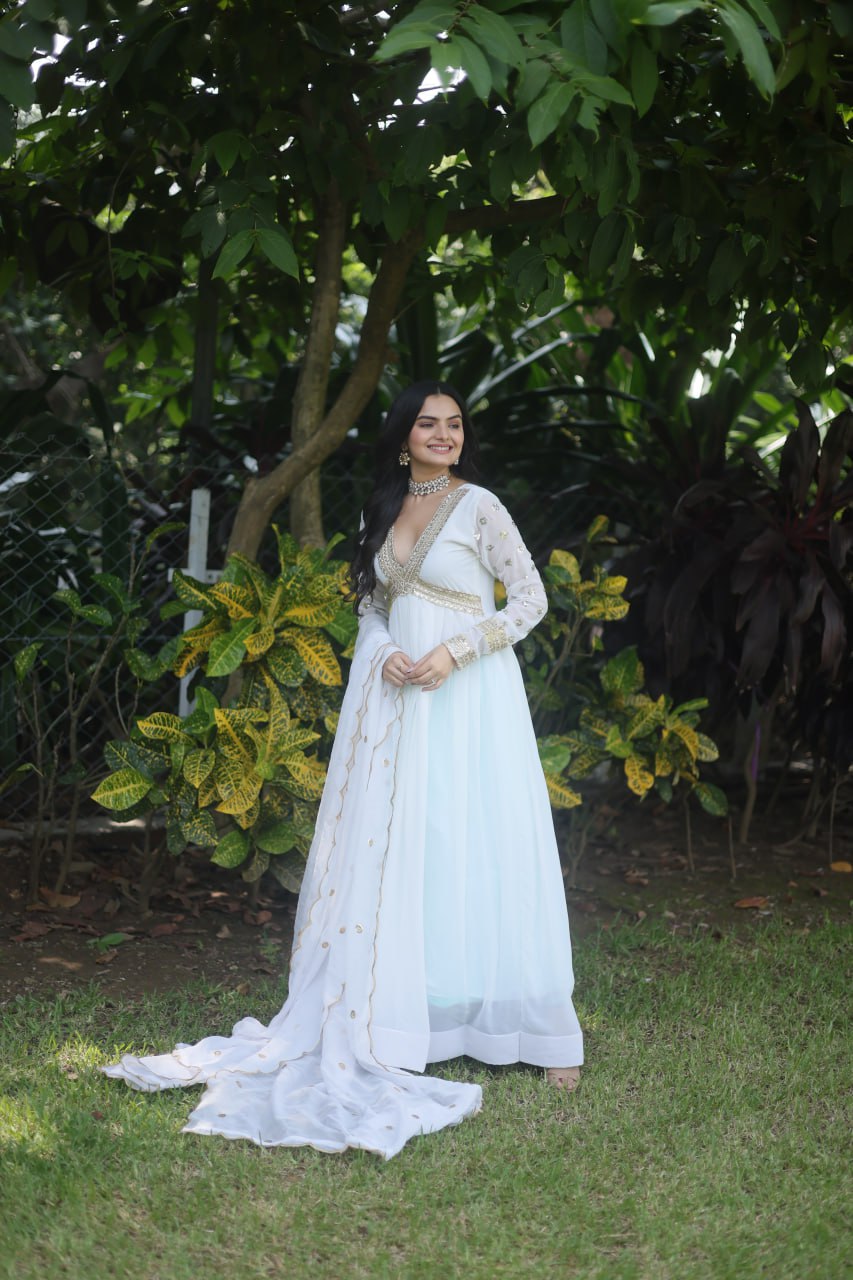 Ethereal White Embellished Anarkali Gown For Festive Wear