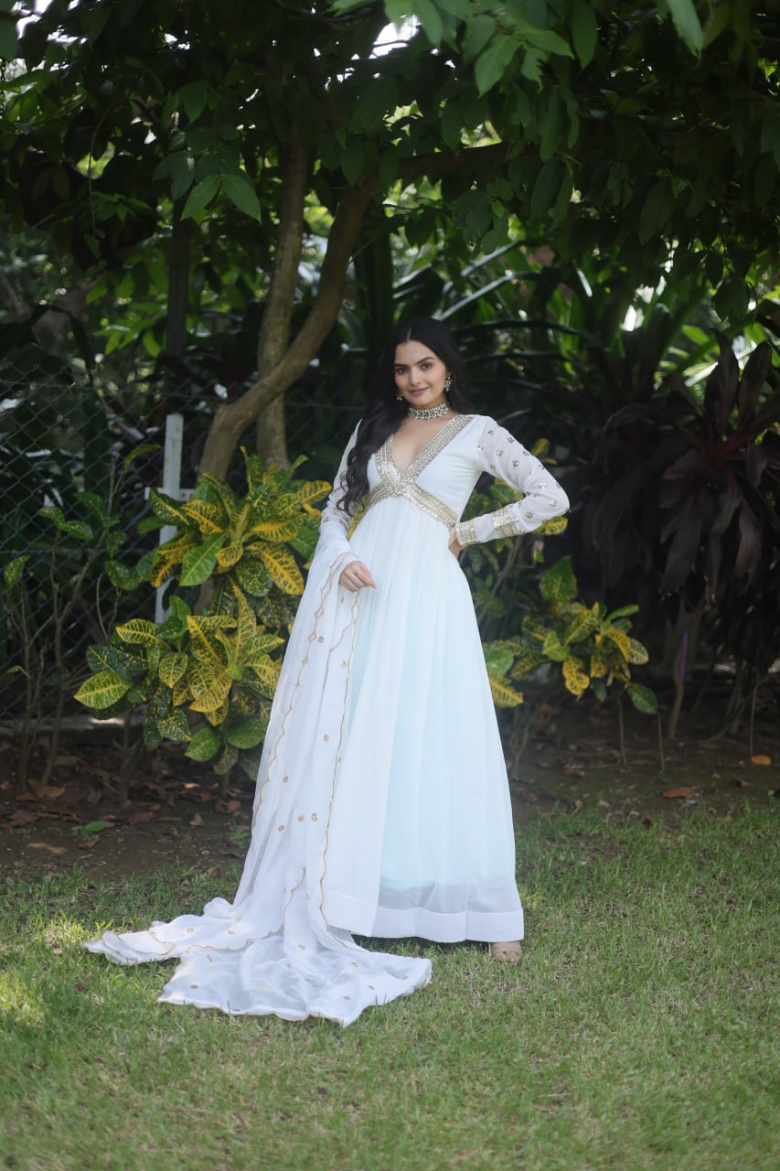 Ethereal White Embellished Anarkali Gown For Festive Wear