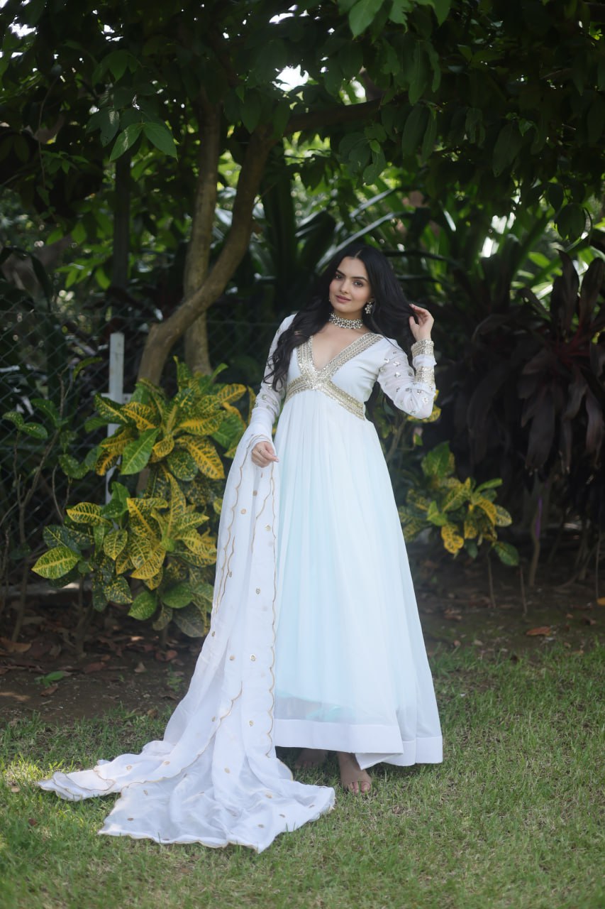 Ethereal White Embellished Anarkali Gown For Festive Wear